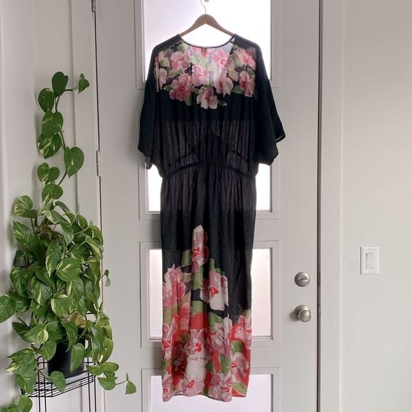 Bl-nk Anthropologie Floral Black Kimono Dress Plus One Size Boho Luxury Vacation - Picture 7 of 13